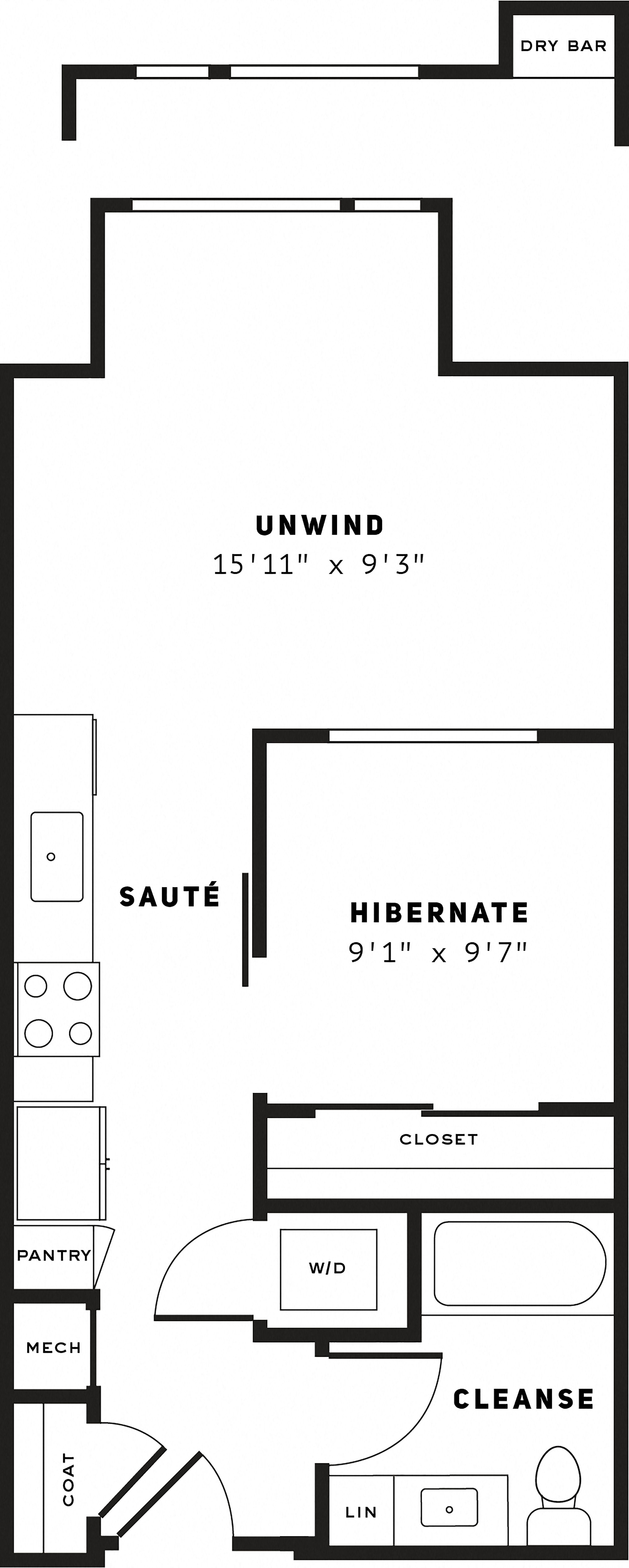 Floor plan for 1 bed, 1 bath, 573 sqft